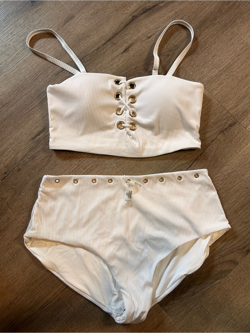 New Coastal Waves Bikini Set Womens 2XL White Ribbed Lace-Up Bandeau High